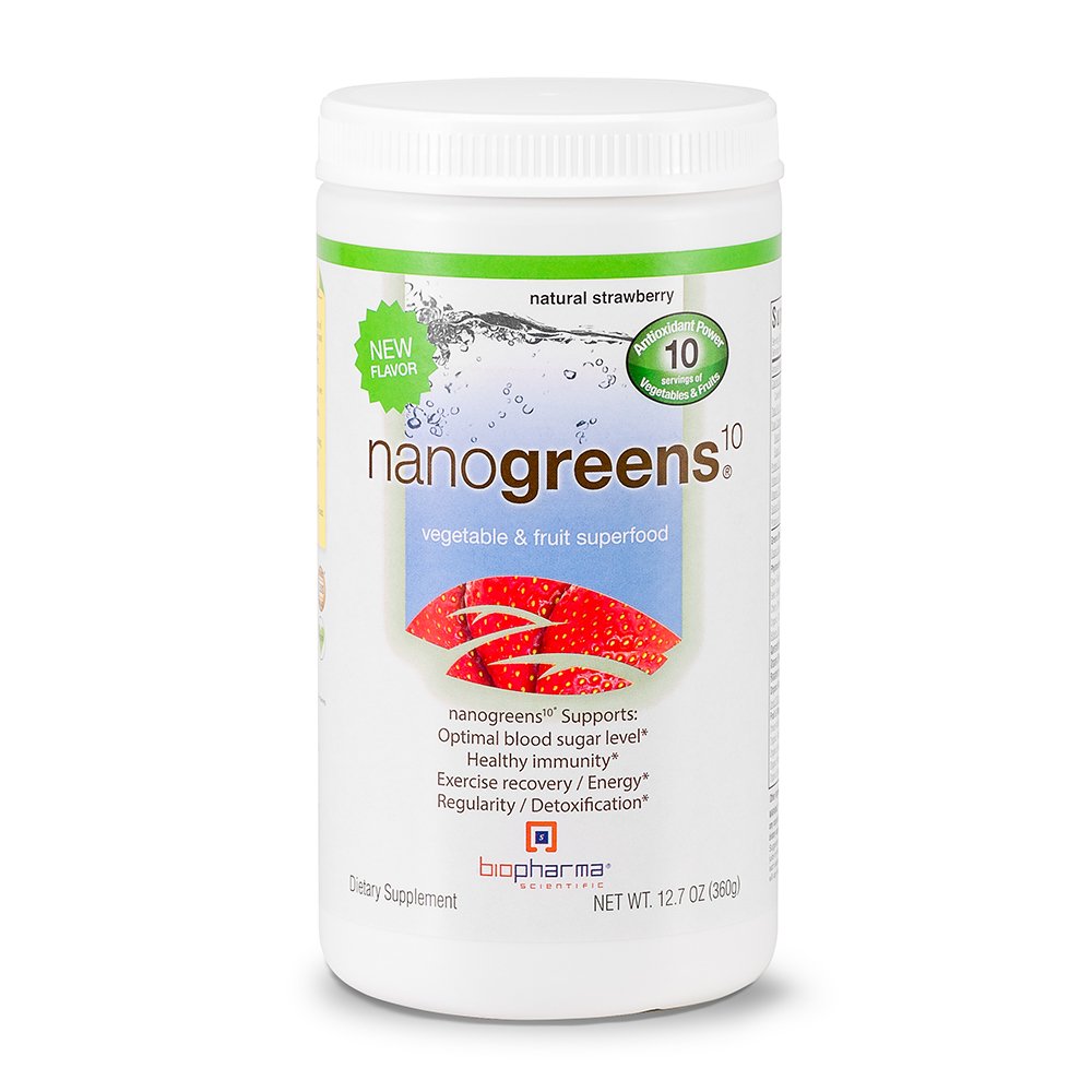 BioPharma Scientific NanoGreens Superfood Powder - Frugt & grøntsager, Antioxidanter & Probiotika til energi, fordøjelse og immunforsvar - 30 Servere, Jordbær Flavor