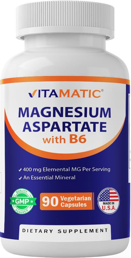 Vitamatic Magnesium Aspartat 400mg per servering - 90 Vegetariske kapsler - Tilføjet B6 for maksimal absorption - Understøtter muskel, fælles, og hjerte sundhed *