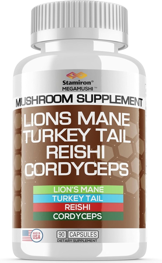 Stamiron Lions Mane Supplement Tyrkiet Tail Mushroom kapsler med Cordyceps Extract & Reishi svampe - Alt til Mushroom Gummies, Mushroom pulver, Mushroom kaffe - 90 Greve