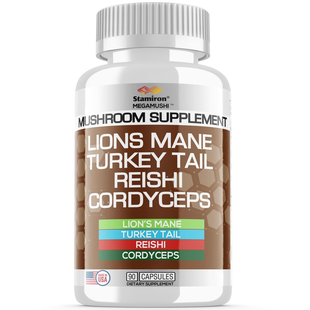 Stamiron Lions Mane Supplement Tyrkiet Tail Mushroom kapsler med Cordyceps Extract & Reishi svampe - Alt til Mushroom Gummies, Mushroom pulver, Mushroom kaffe - 90 Greve