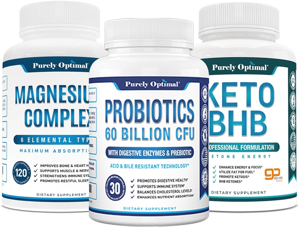 Magnesiumkompleks - Citrat, Malat, Taurat, Oxid, Bisglycinatchelat, Aspartat + Probiotika 60 Millioner CFU + Keto BHB Exogent Ketoner Supplement
