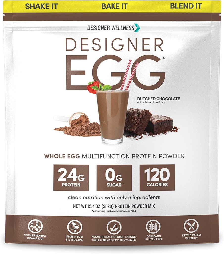 Designer Wellness, Designer Egg, Natural Egg Yolk & White Protein Powder, Keto og Paleo Friendly, Low Calorie, Mindre fedt og Cholesterol, Hollandsk Chokolade, 12,4 Ounce