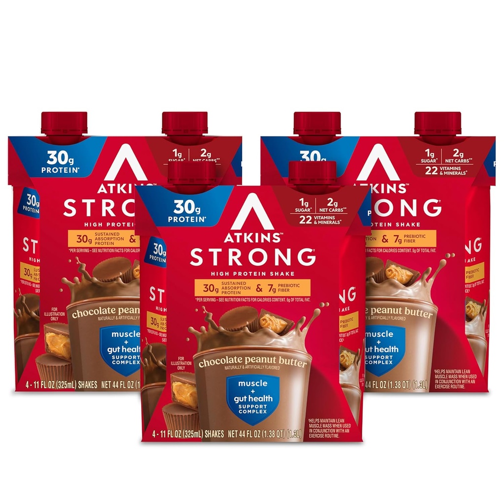 Atkins Strong High Protein Shake, Chocolate Peanut Butter Flavor, 30g Protein, Low Carb og Low Sugar Shake, Keto Friendly, Gluten Free, Muscle and Gut Health Support Complex, 12 Count