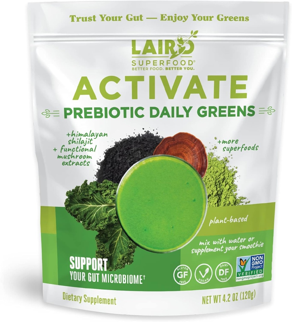 Laird Superfood Activate Prebiotic Daily Green Powder Drikke Supplement, Himalayan Shilajit Powder og funktionelle svampe, Understøtter Gut Microbiome, 4.2 Oz Bag, pakke med 1