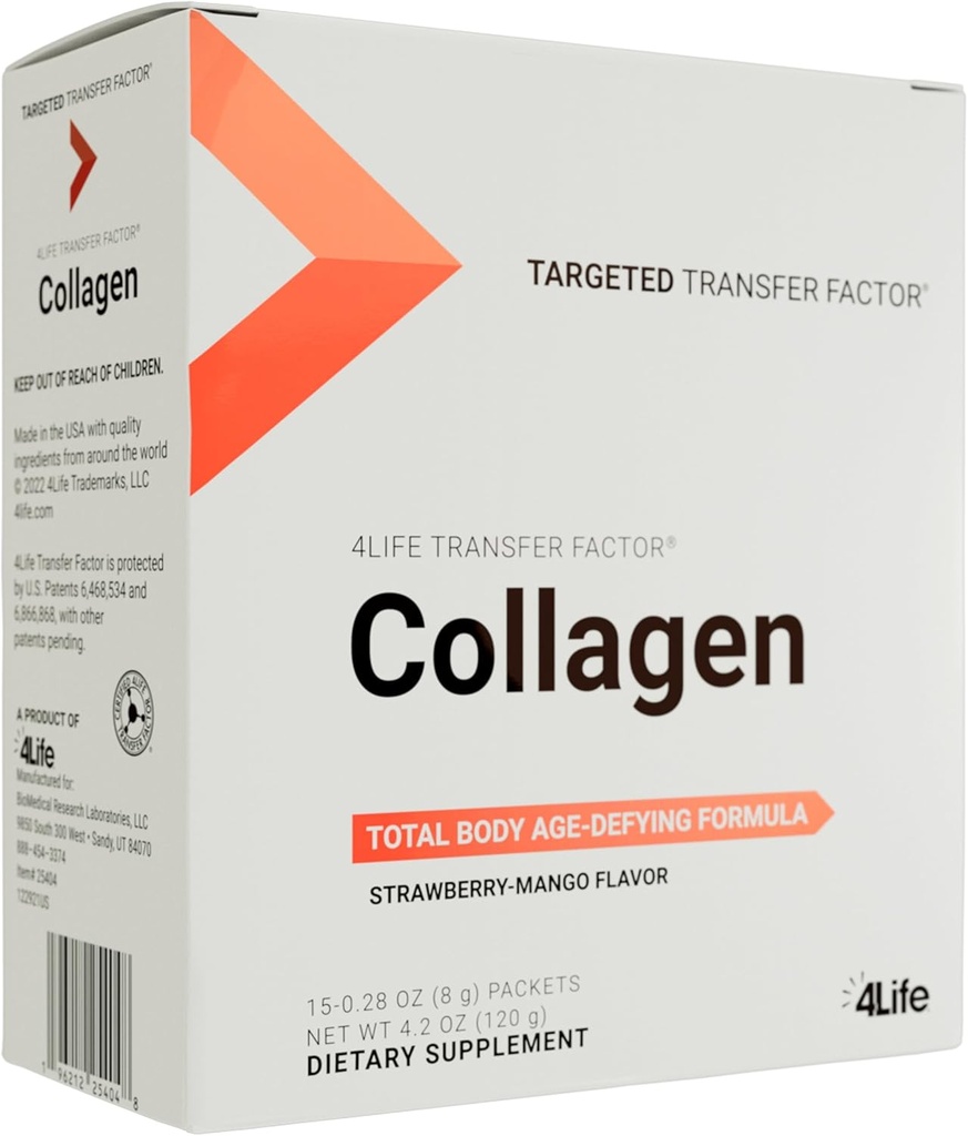 4Life Transfer Factor Collagen - Formel med vitaminer og 5 typer af collagen - Hår, hud, og søm support - 15 Pakker