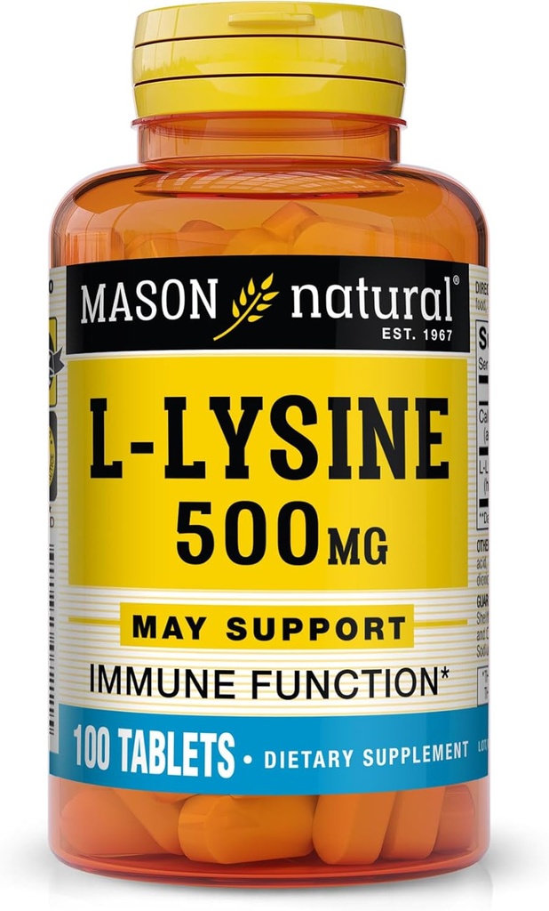 MASON NATURAL L- Lysin 500 mg med calcium - Forbedret immunfunktion, Forbedret næringsstofabsorption, essentiel aminosyre, 100 tabletter