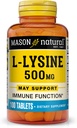 MASON NATURAL L- Lysin 500 mg med calcium - Forbedret immunfunktion, Forbedret næringsstofabsorption, essentiel aminosyre, 100 tabletter
