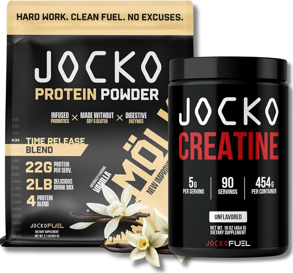 Jocko Fuel Bundle - Vanilla Mölk Protein Powder + Creatin Monohydrat Pulver til mænd og kvinder - Bundle for Atheltic Performance, Recovery, & Muscle Growth