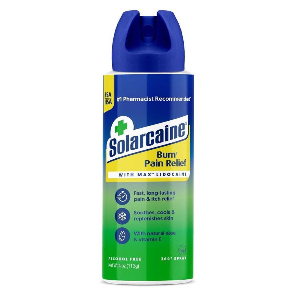 Solarcain Aloe Sunburn Relief Spray med 4% Lidocain - Efter Sun Care Relief for Burns, Scrapes & Itch - Aloe Spray til Sothe, Cool & Replenish Skin - 4oz