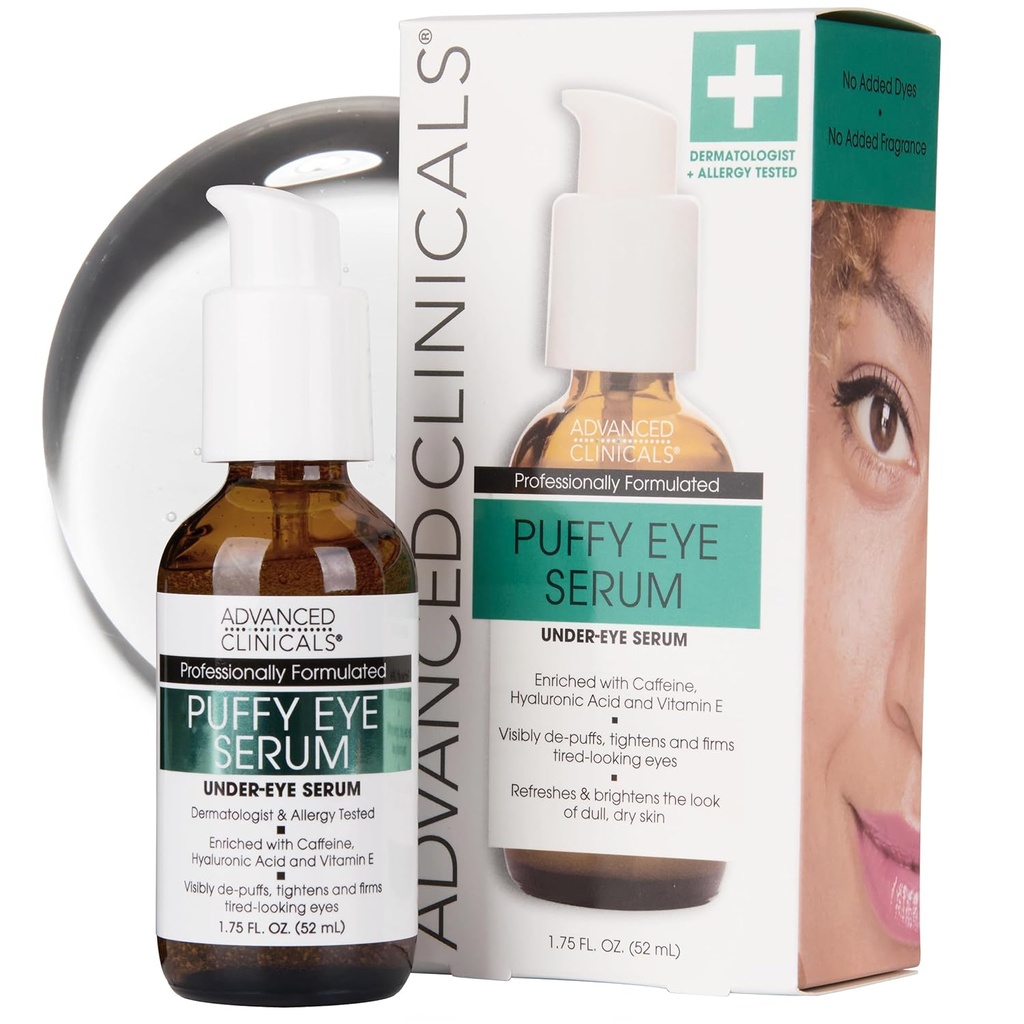 Avancerede klinikker Puffy Eye under Eye Serum Mea124; Synlig Anti Aging Brightening C-vitamin + koffein Serum Hjælper Forbedre udseendet af Puffiness, fine linjer, mørke cirkler, & Uneven Skin Tone, 1,75 Fl Oz