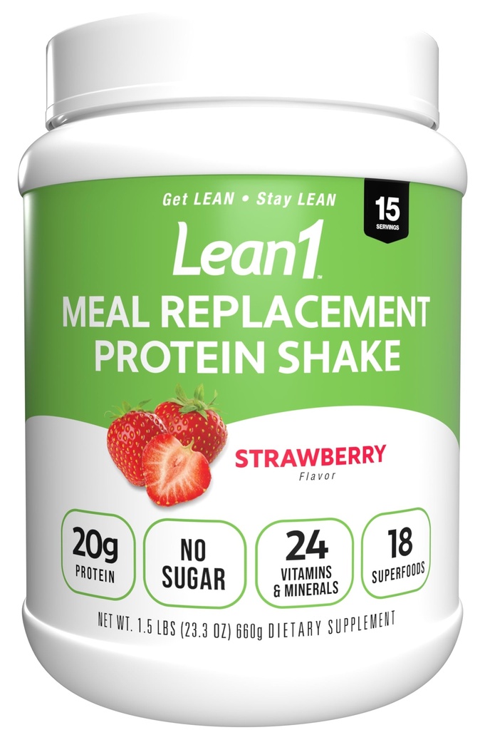 Lean1 Måltidserstatning Protein Shake, Strawberry Flavor, 15 Servering Tub