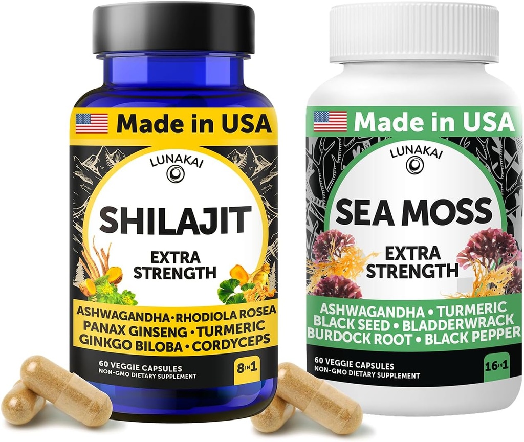 Lunakai USA Made Shilajit & Sea Moss Capsules Bundle med Ashwagandha, Black Seed Oil & Rhodiola til styrke & immunforsvar, 60ct hver
