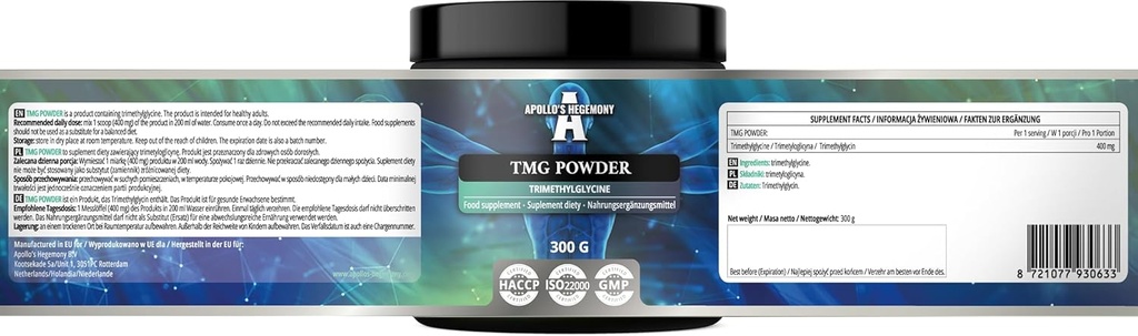 APOLLO 'S HEGEMONY TMG Powder 300g - betain - 2000mg Trimethylglycin per servering - 150 Servere pr. pakke - Ingen tilsætningsstoffer - Forgrenet kæde Aminosyrer - Metaborite Support