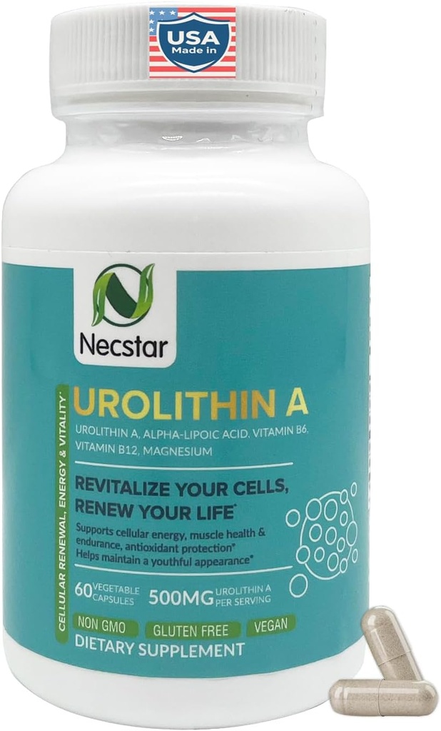 Necstar Urolithin A Supplement - Cellular Energy & Mitokondriel Support - med alpha- lipoesyre, B6-vitamin, B12 & Magnesium - 60 Vegankapsler, Gluten- fri