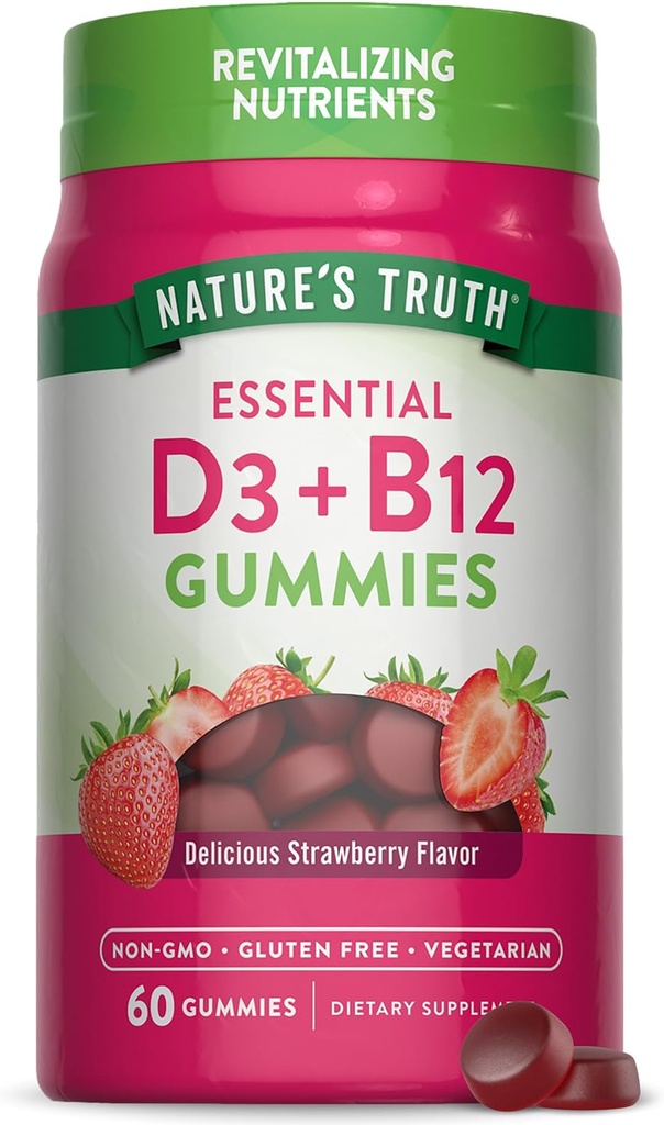 Nature 's Truth Vitamin D3 og B12 Gummies for admirals against 124; 60 Greve 124; Jordbær Flavor 124; Vegetar, Non- GMO & Gluten Free Supplement
