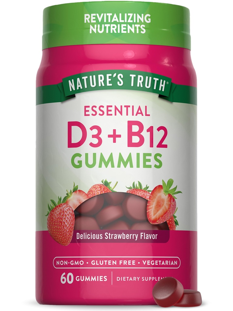Nature 's Truth Vitamin D3 og B12 Gummies for admirals against 124; 60 Greve 124; Jordbær Flavor 124; Vegetar, Non- GMO & Gluten Free Supplement