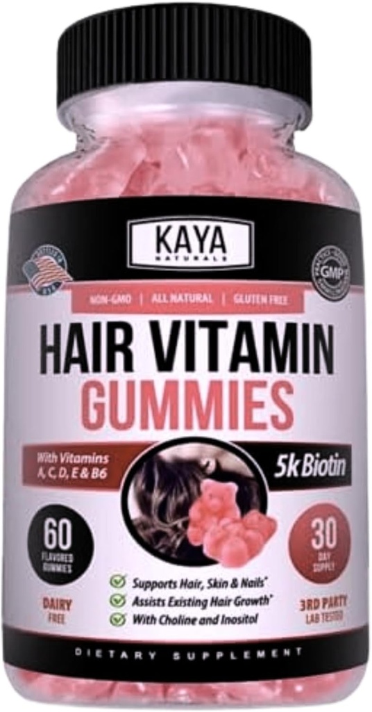 Kaya Naturals Hårvækst Gummier - Biotin 5000mcg Vitaminer for sundt hår, hud og negle - Skønhed supplement til kvinder eller mænd - 60 Greve - Blåbær Flavor