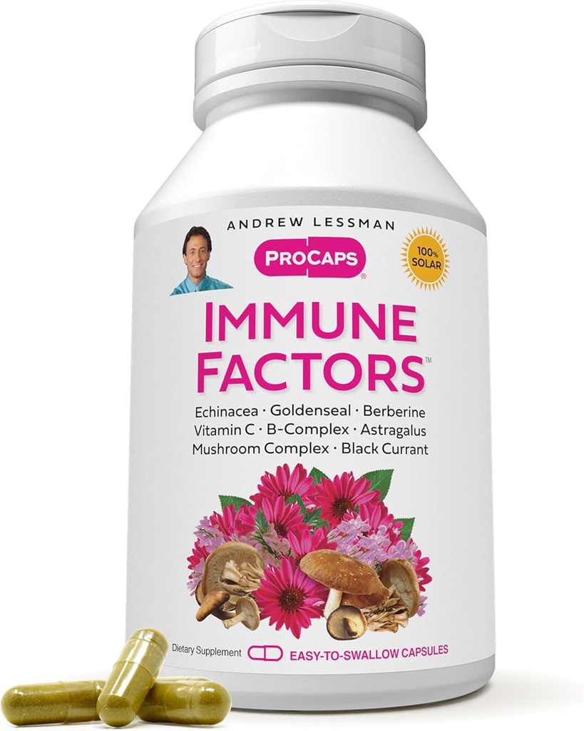 ANDREW LSSMAN immunfaktorer 60 kapsler - Echinacea, Goldenseal, C-vitamin, Astragalus, Berberine, Mushroom Blend, Black Currant. Understøtter og fremmer immunsystemet og naturlige forsvar