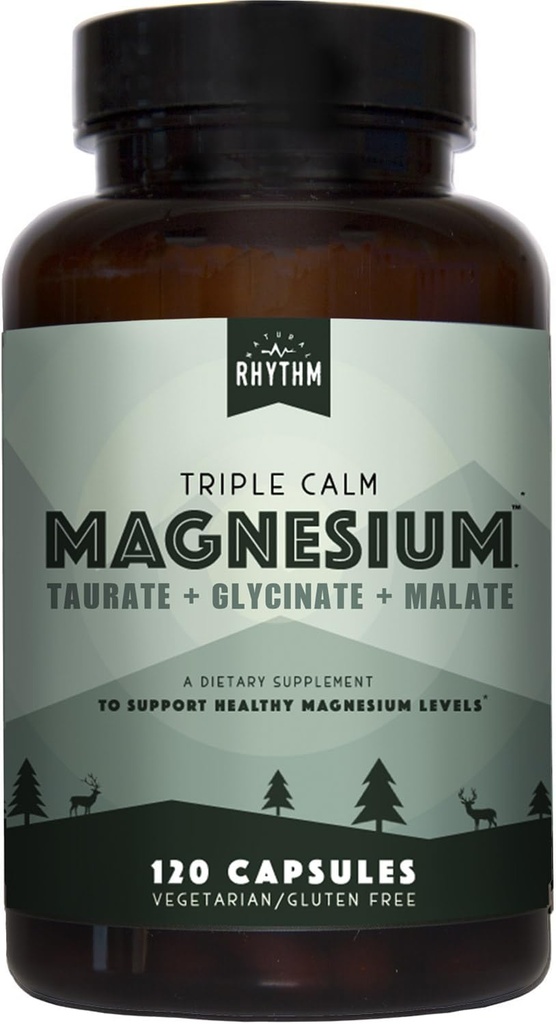 Naturlig Rhythm Triple Calm Magnesium 150 mg - 120 kapsler - Magnesiumkompleks Compound Supplement med Magnesium Glycinat, Malat og Taurat. Calming Blend til fremme af hvile og afslapning.