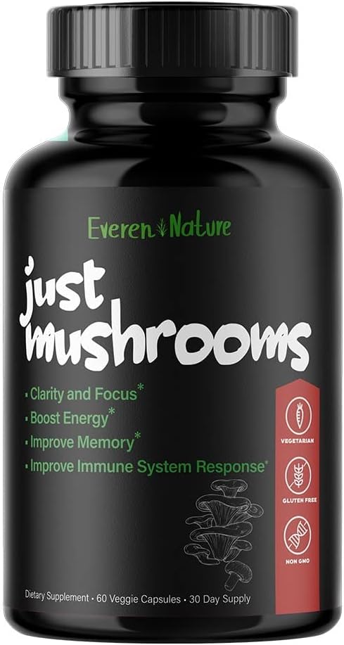 Just Mushrooms - Lions Mane, Tyrkiet Tail, Cordyceps, Reishi og mere - Naturlig energi - Nootrop Brain Supplement - for Clarity & Focus - Immunsystemet Booster