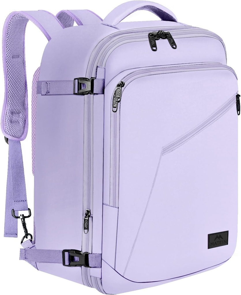 MATEIN Carry on rygsæk til kvinder, 40L Heavy Duty Travel Backpack Airplane godkendt, Expandable Simple Fashion Daypack, Hyppige Rejsende Gaver, Light Purple