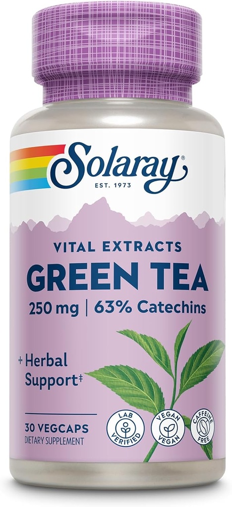 SOLARAY Green Tea Extract 250 mg - Afkodede Green Tea Extract kapsler - EGCG Kosttilskud - Garanteret til at indeholde 63% Catechiner - Vegan, 60- Day Garanti, 30 Servere, 30 VegCaps