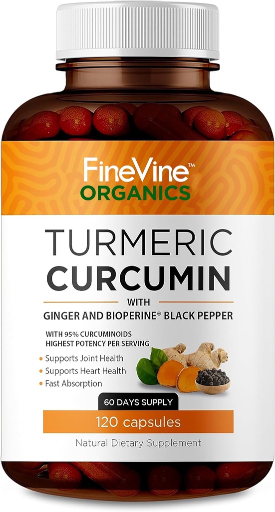 Gurkemeje med BioPerine Black Pepper og Ginger - Lavet i USA - 120 Vegetariske kapsler til avanceret absorption, Joints Support