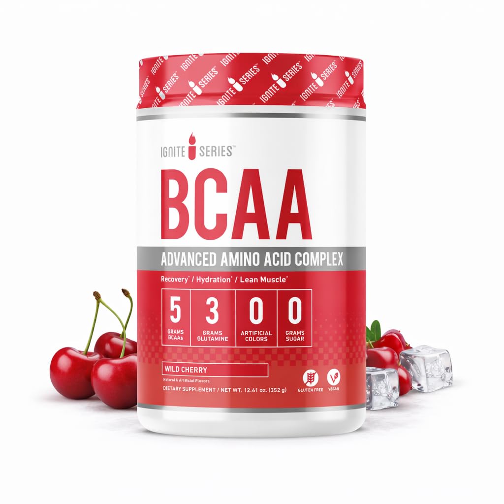 Komplet Nutrition Ignite Series BCAA Advanced Amino Acid Complex, Wild Cherry, Understøtter Muscle Recovery, Hydration & Growth, 5g BCAA, 3g Glutamin, 13 oz Tub (30 Servere)