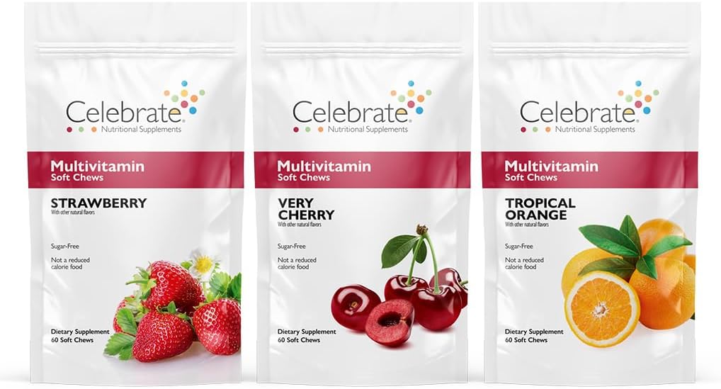 Celebrate Vitamin Bariatric Multivitamin Soft Chews - Essential Vitamin & Minerals, Sugar & Gluten Free - Gastric Bypass & Sleeve Gastrectomy Supplement - Jordbær / Orange / Cherry (180ct)