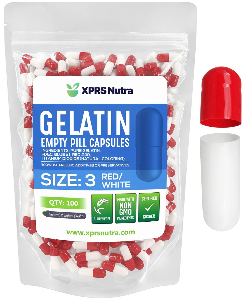 XPRS Nutra Størrelse 3 Tomme kapsler - 100 Tomme Gelatine kapsler - Piller gør det - Pure Bovin Pill Gel Caps Fyldelig Do- It- Yourself vitaminer og kosttilskud (rød / hvid)
