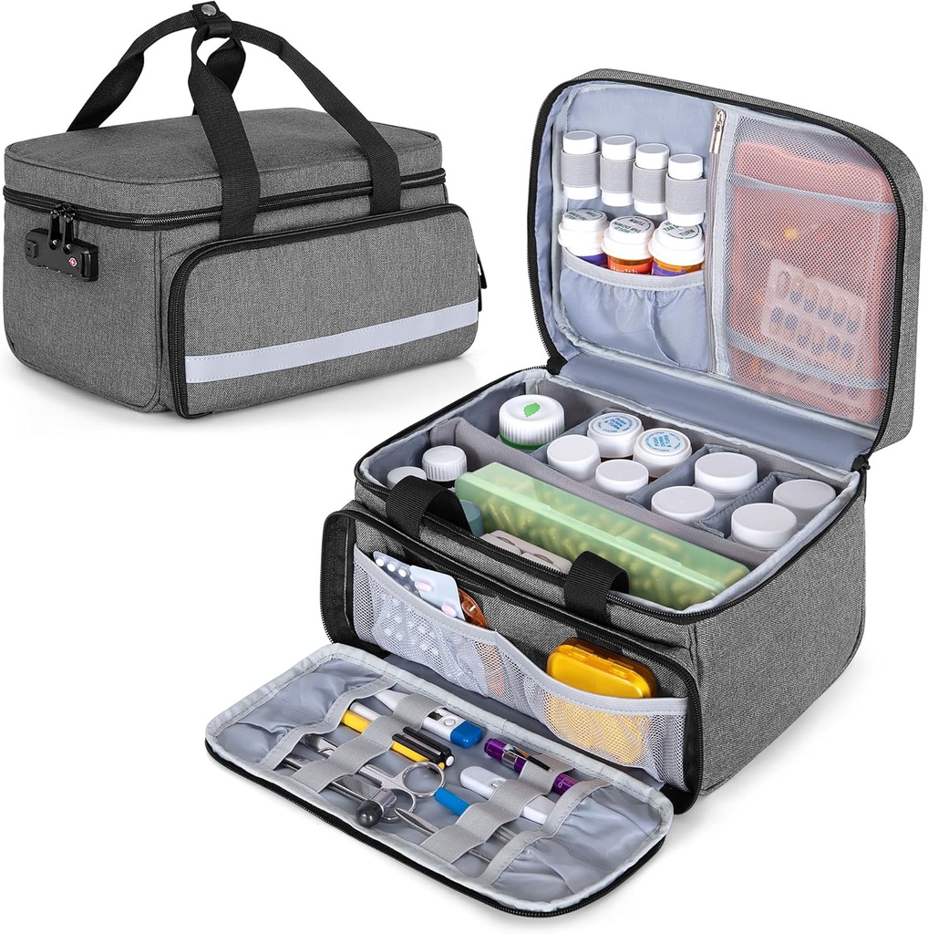 CURMIO Pill Flaske Organizer Opbevaring, Medicin Lock Box for Pill Organizer og medicinske forsyninger, Gray (Patenteret Design)