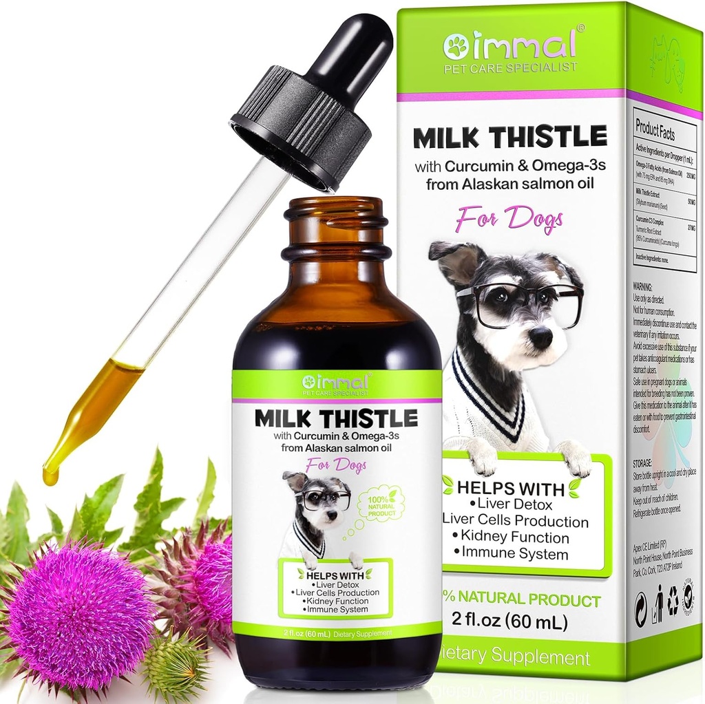 Mælk tidsel for hunde - leversupport til hunde, immunforsvar og leverstøtte, med Curcumin & Wild Alaska Salmon Oil, Omega 3 EPA - Naturlig herbal leverstøtte til kæledyr