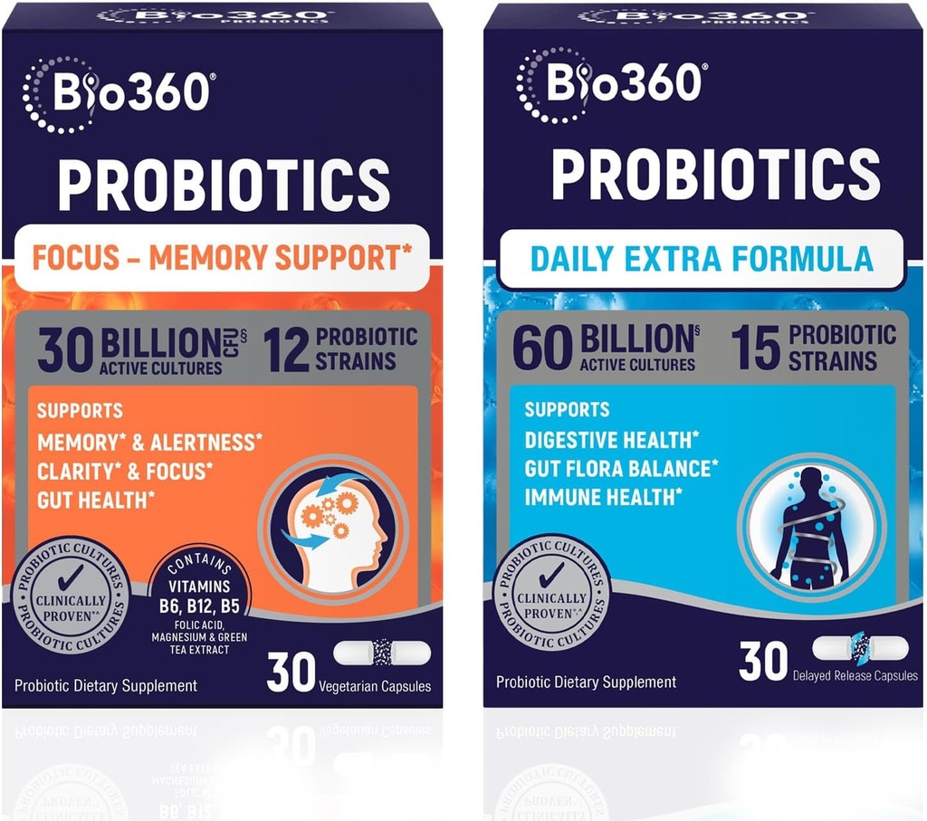 Bio360 Probiotika Bundle, Kognitiv Support Formel & Daily Extra Formel, Brain Support & Gut Health Kosttilskud, Hjælper Support Hukommelse, Fokus & Fordøjelse, 2 x 30 Vegansk Kosttilskud