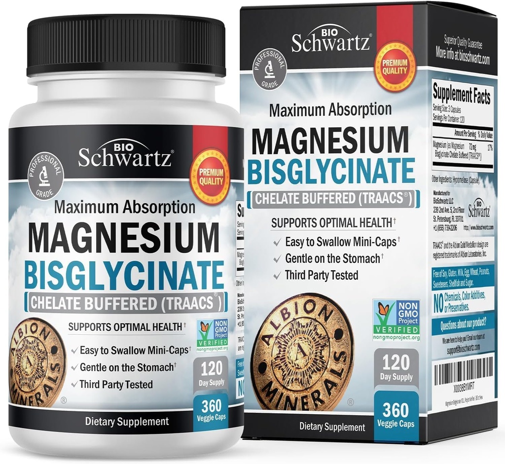 Magnesium Bisglycinate Chelated Supplement - High Absorption Magnesium Supplement for Muskel, Knogler & Fælles Support, Non- Laxative, Fuldt Buffered, Non- GMO, Maksimal Biotilgængelighed - 360 Kapsler