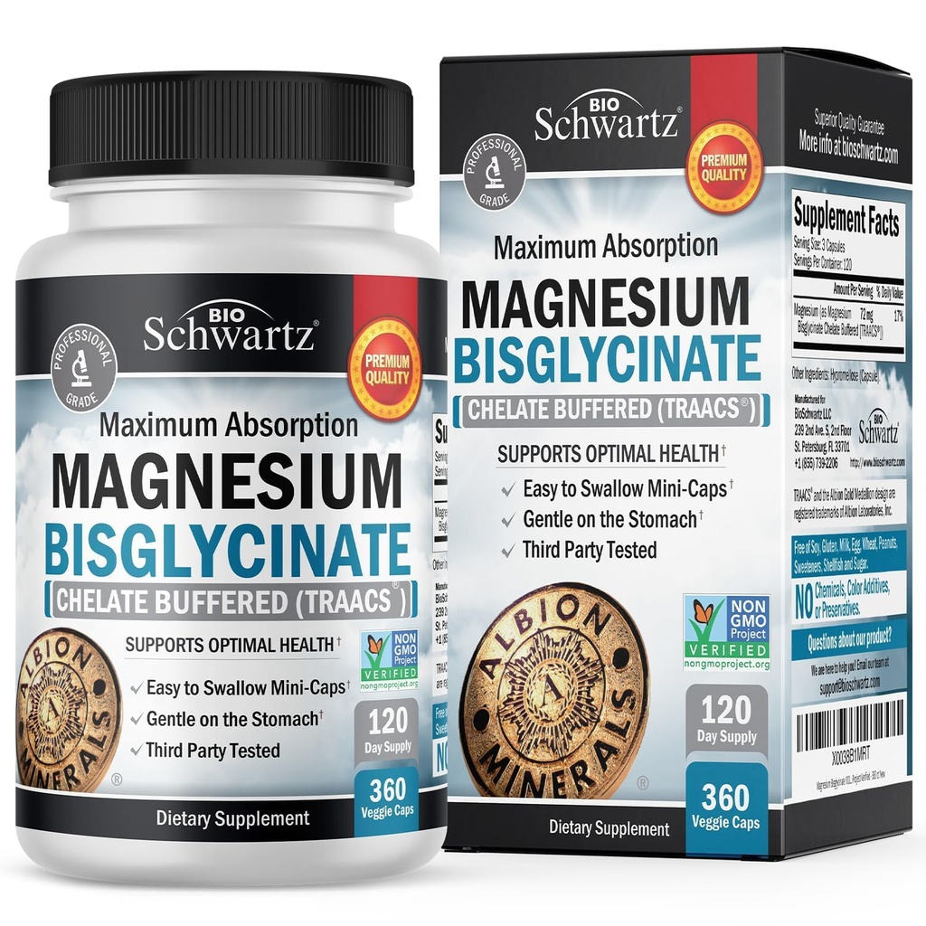 Magnesium Bisglycinate Chelated Supplement - High Absorption Magnesium Supplement for Muskel, Knogler & Fælles Support, Non- Laxative, Fuldt Buffered, Non- GMO, Maksimal Biotilgængelighed - 360 Kapsler
