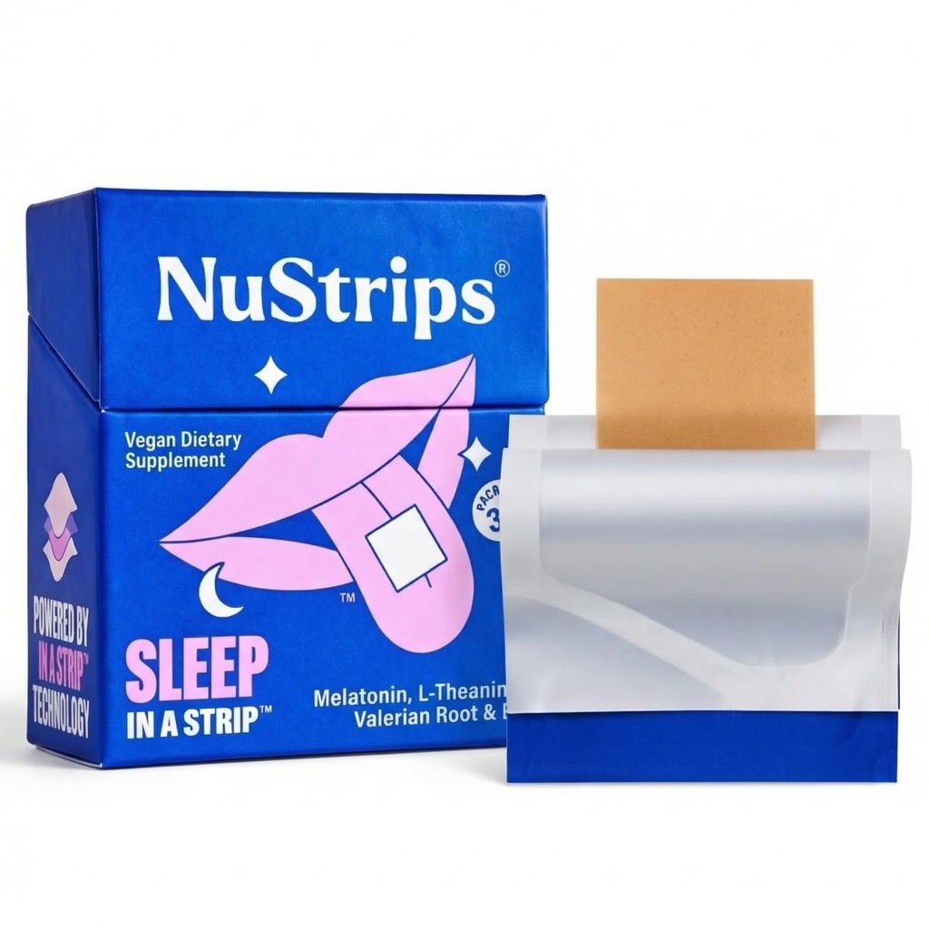 NuStrips ™ Fast- Opløsning Sleep Strips med 5mg Melatonin, Valerian Root, L- Theanine & Vitamin B6 - Naturlig Sleep Aid, Vegan, Non- GMO, Gluten Free - Fall Asseep Fast, Wake Up Refreshed (30 Strips)