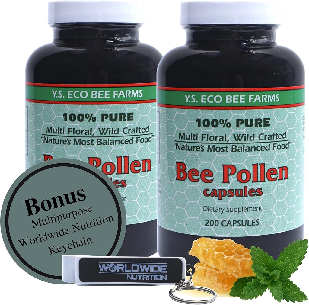 Y.S. Eco Bee Farms 100% Pure, Wild Crafted Bee Pollen Kapsler - Organic Bee Pollen Vitamin Kosttilskud Aminosyrer, Organic Protein, Vitamin C, Vitamin B12 Gluten Free 2pk af 200ct w Bonus Key Chain