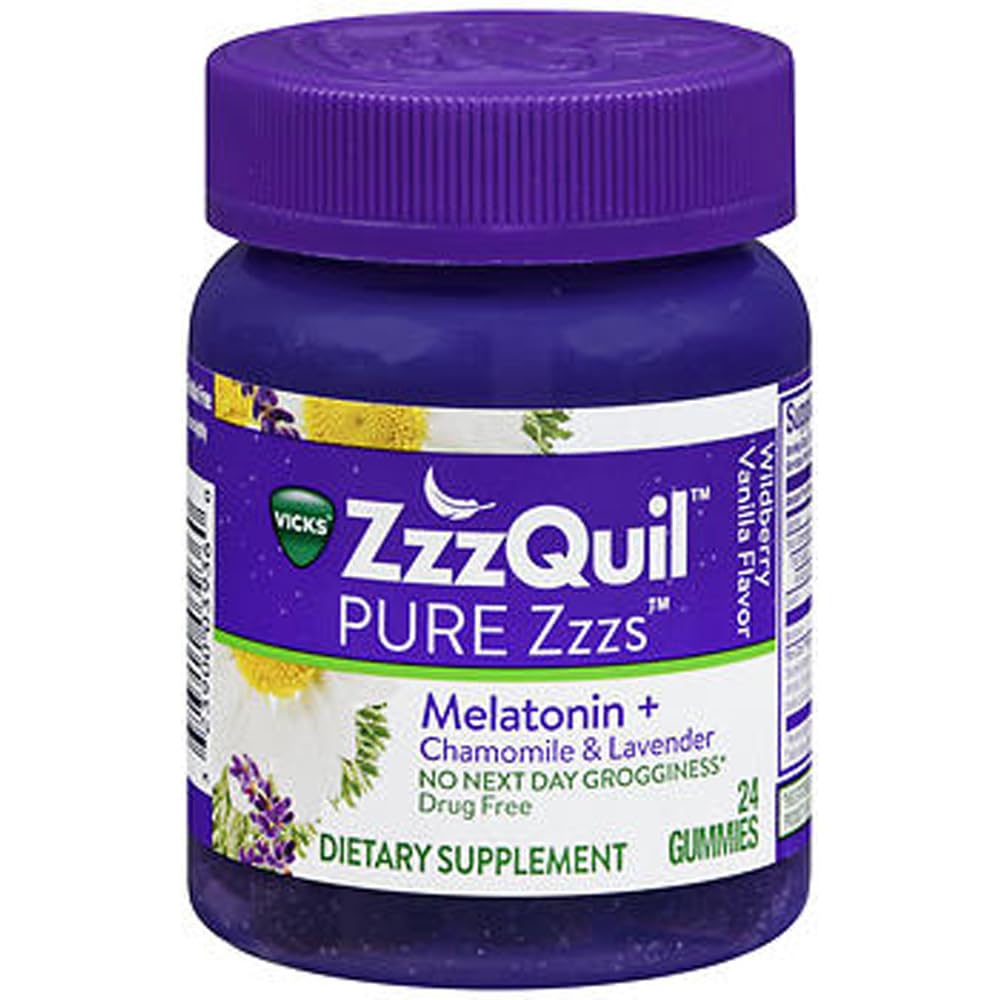 ZzzQuil Pure Zzzs Melatonin Gummies, Sleep Aid, Melatonin 2mg, med kamille & Lavendel, Melatonin Sleep Gummies, Sleep Aid for voksne, Wildberry Vanilla Flavored, 24 Sleep Gummies