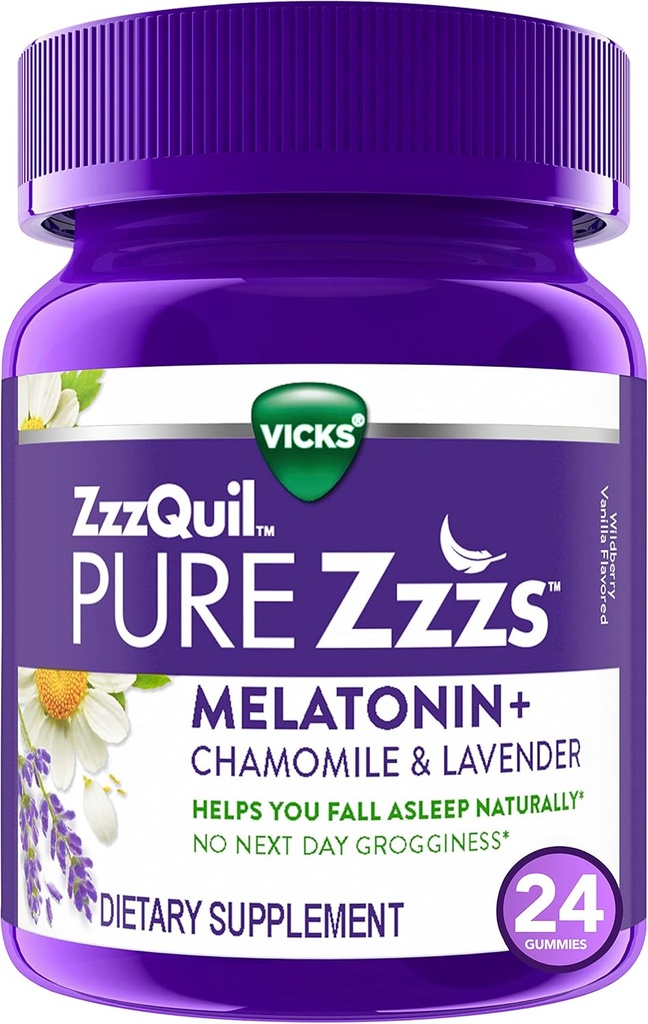 ZzzQuil PURE Zzzs Melatonin Gummies, Sleep Aid, Melatonin 2 mg, med Kamille & Lavender, Melatonin Sleep Gummies, Sleep Aid for Voksne, Wildberry Vanilla Smaget, 24 Sleep Gummies