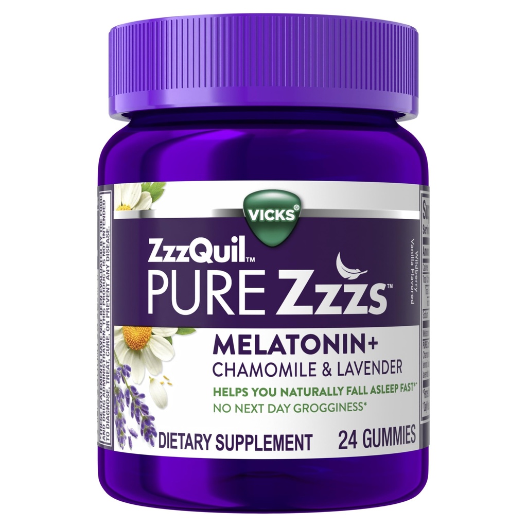 ZzzQuil Pure Zzzs Melatonin Gummies, Sleep Aid, Melatonin 2mg, med kamille & Lavendel, Melatonin Sleep Gummies, Sleep Aid for voksne, Wildberry Vanilla Flavored, 24 Sleep Gummies