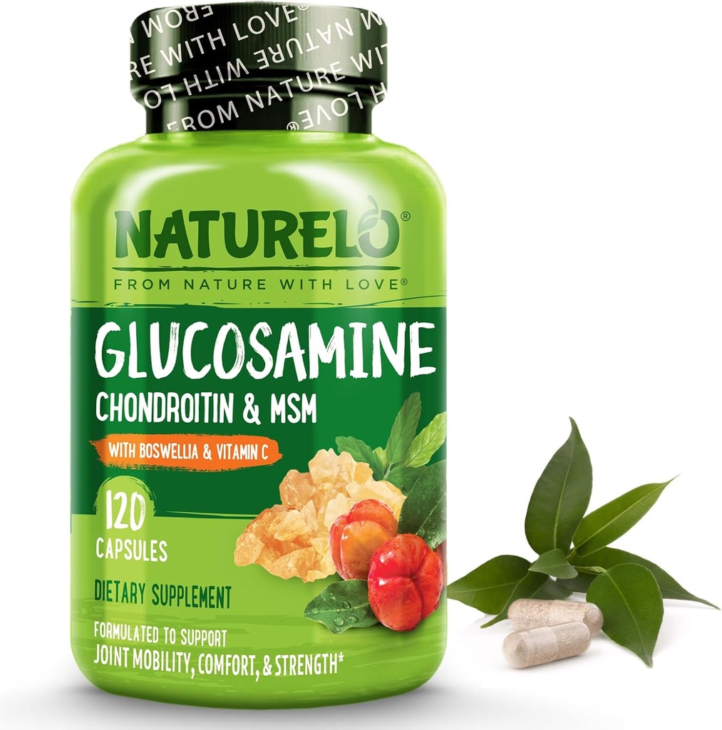 NATURELO Glucosamine Chondroitin MSM med Boswellia og C-vitamin - Supplement til fælles komfort, mobilitet og styrke - 120 kapsler