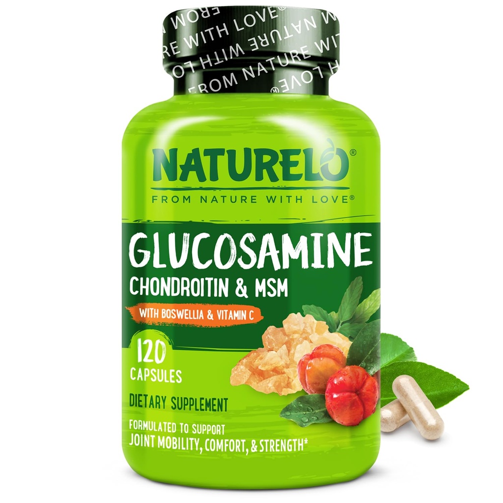 NATURELO Glucosamine Chondroitin MSM med Boswellia og C-vitamin - Supplement til fælles komfort, mobilitet og styrke - 120 kapsler