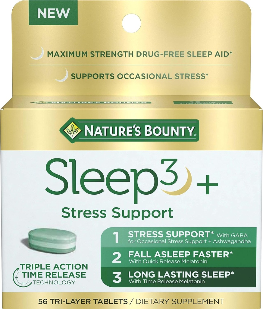 Nature 's Bounty Stress Support Plus Melatonin, Sleep3 Maksimum Styrke 100% Drug Free Sleep Aid, Kosttilskud med Ashwagandha, Time Release Technology, 10mg, 56 Tri- Layered Tablets
