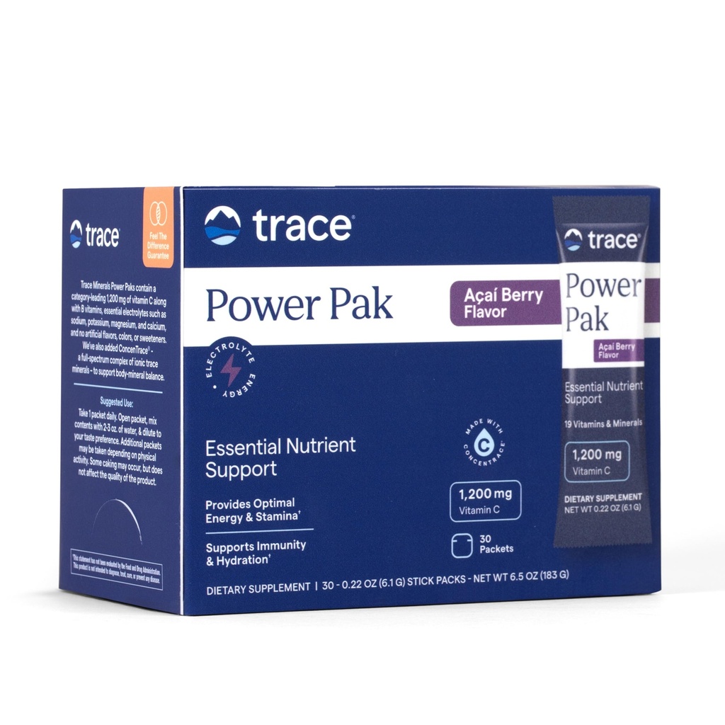 Trace Minerals Power Pak Multivitamin og Multimineral Pakker - Elektrolyte Support - 1200 mg C-vitamin Plus 70 Acai Berry Flavor - 30 Pakker