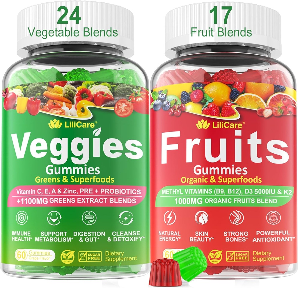 Sugar- Free Fruits and Veggies Gummies w / D3K2, B9, B12, Magnesium, 41 + Natural Superfood Fruits and Grøntsager Support for fordøjelig & Gut Support, Energy, Nutrient Balance, Antioxidant Non- GMO 2pack