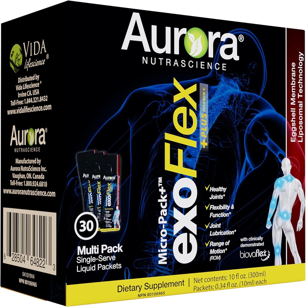 Aurora Nutrascience Micro- Pack Liposomal exoFlex + med C-vitamin, understøtter fælles fleksibilitet & funktion, BiovaFlex Eggshell Membrane, Curcumin & Boswellia, Strwaberry Flavor, 30 Single-Serve pakker