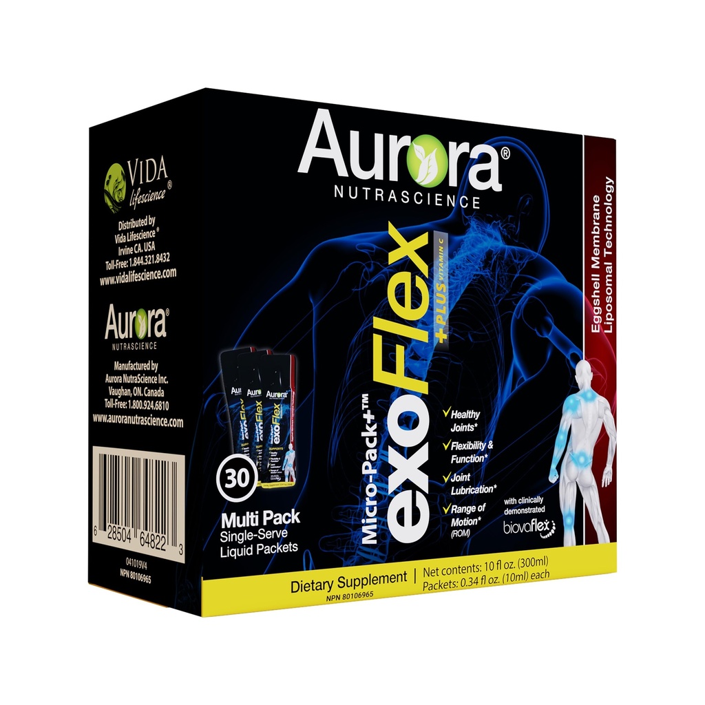 Aurora Nutrascience Micro- Pack Liposomal exoFlex + med C-vitamin, understøtter fælles fleksibilitet & funktion, BiovaFlex Eggshell Membrane, Curcumin & Boswellia, Strwaberry Flavor, 30 Single-Serve pakker