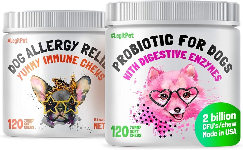 LEGITPET Allergi Relief Chews til hunde & immunforsvar med Kelp, Colostrum & Bee Pollen 120 Soft Chews og Probiotika til hunde med naturlige fordøjelsesfremmende enzymer 120 Soft Chews Bundle - Made in USA