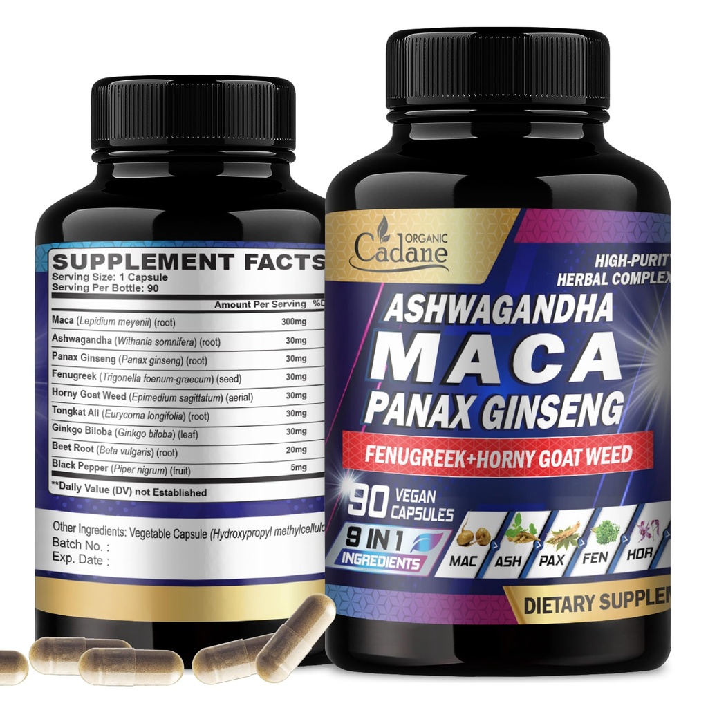 Organic Cadane Maca Root, Ashwagandha, Panax Ginseng Supplement - 90 Kapsler 3 Måneder med Fenugreek, Tongkat Ali & mere - Støtte Energiproduktion & Immunitet