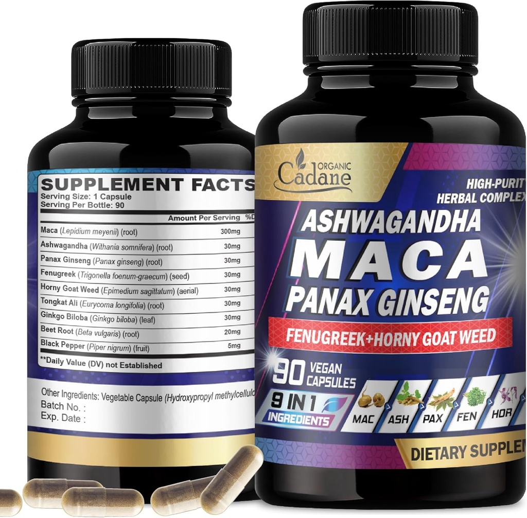 Organic Cadane Maca Root, Ashwagandha, Panax Ginseng Supplement - 90 Kapsler 3 Måneder med Fenugreek, Tongkat Ali & mere - Støtte Energiproduktion & Immunitet
